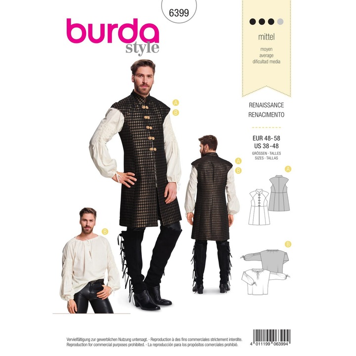 Reneszánsz színházi jelmez szabásminta férfiaknak, ing és tunika, 2 változat, több méret 48-58, Burda Style 6399