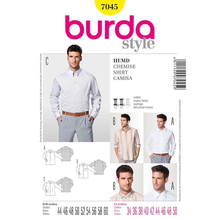 Tipar de croitorie camasi pentru barbati, 3 variante, multi-masura 44-60, Burda Style 7045