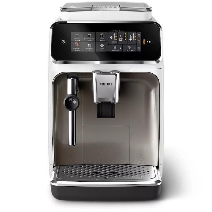 Philips Series 3300 EP3323/90 Panarello Plus automata kávégép, 4 italprogramos, klasszikus króm tejhabosító, jeges kávé, érintőkijelző, Fehér