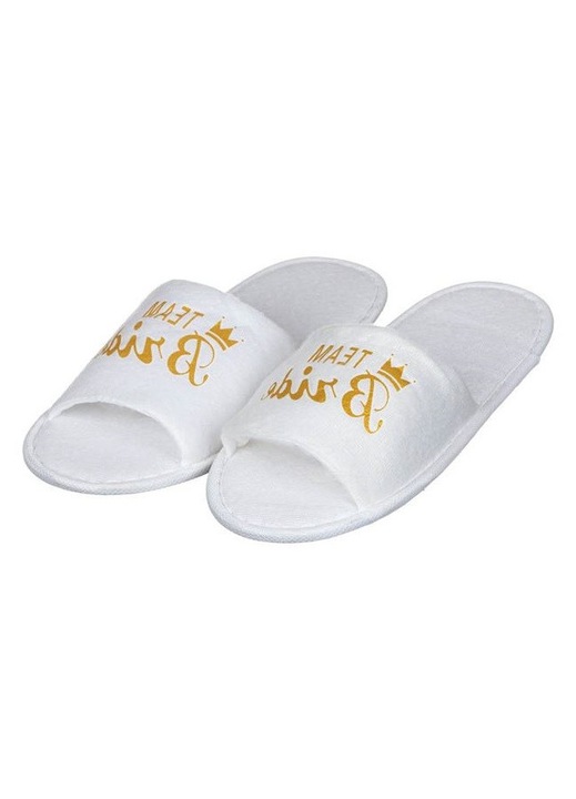 Papuci de casa sau baie VENITIVO®, decupati cu print auriu Team Bride, marime universala, L x l 28 cm x 11 cm, albi