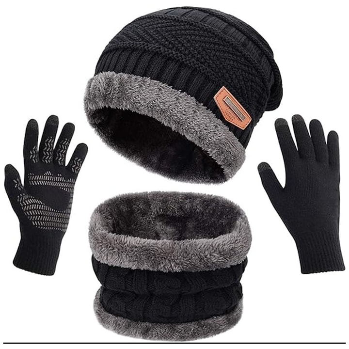 Комплект шапка/ръкавици/шал, унисекс, найлон/вълна, черен, един размер