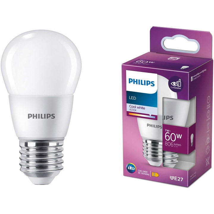 LED крушка Philips P48, E27, 7W (60W), 806 лумена, Студена бяла светлина (4000K), Енергиен клас E
