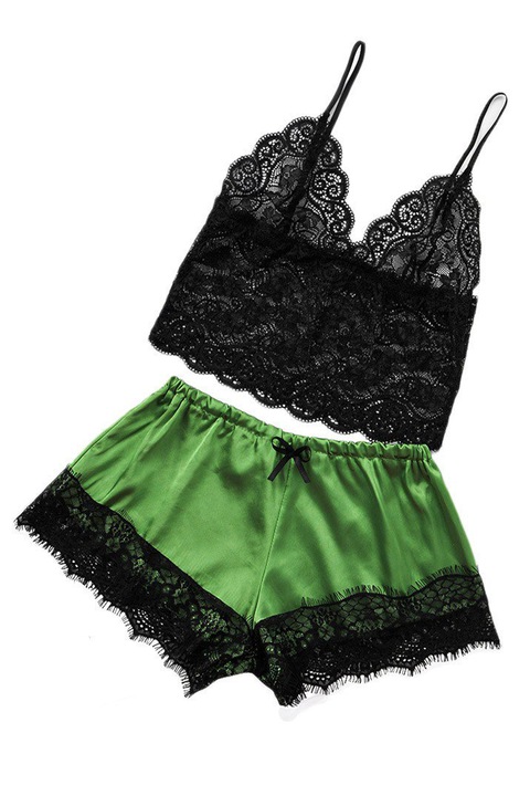 Pijama sexy dama, set 2 piese, top bretele reglabile si pantaloni scurti, model mystic love, EFAYN, Verde deschis