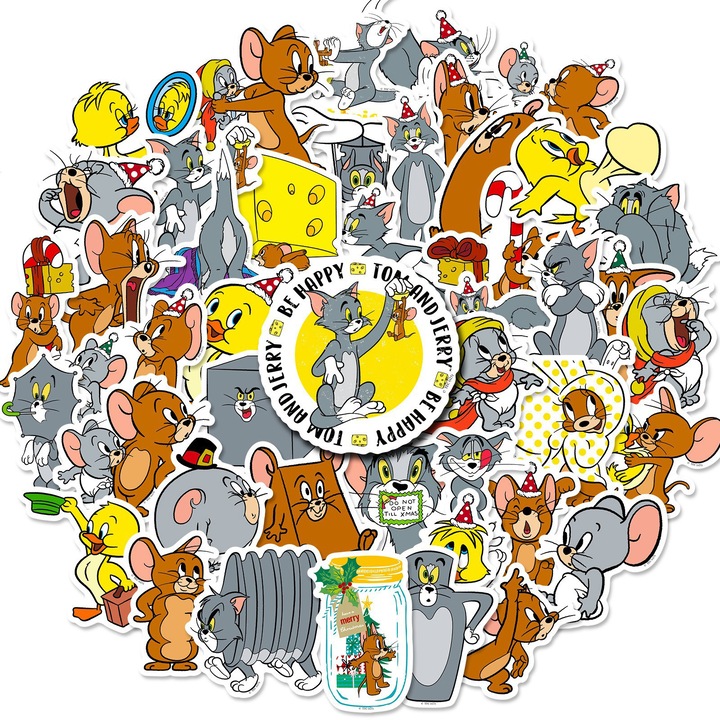 Set stickere autoadezive 50 bucati, AEWOYAD, Tom & Jerry, Waterproof Pvc, 5 cm, Multicolor