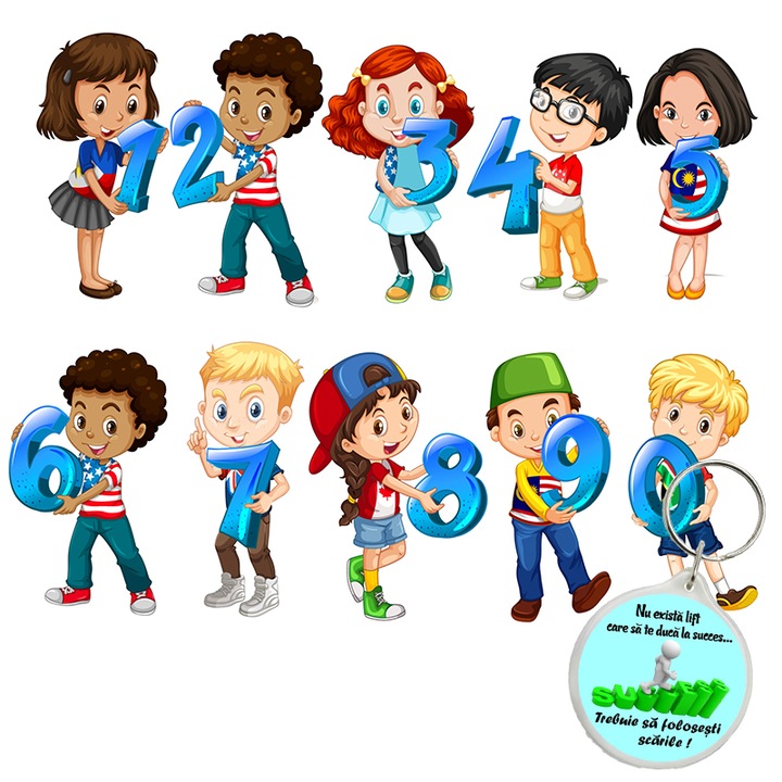 Set Stickere educationale copii si cifre, Model Albastru, pvc autocolant, 90x110 cm si breloc succes