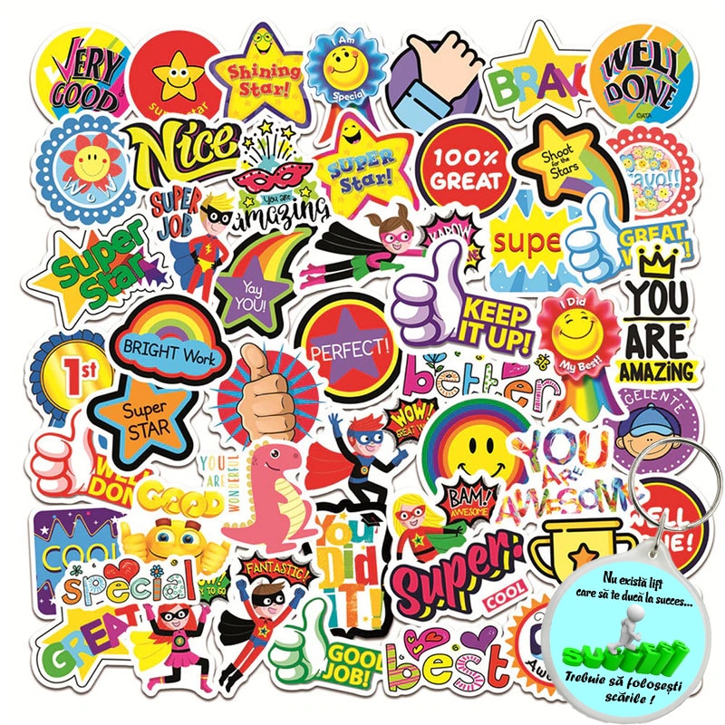 Set 50 Stickere din vinil, model Motivational, Multicolor si breloc ...