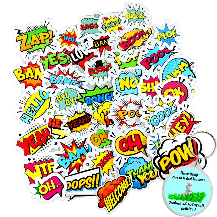 Set Stickere simpatice adezive 55 bucati Waterproof Pvc, Emoticoane expresii cool, 7 cm si breloc succes