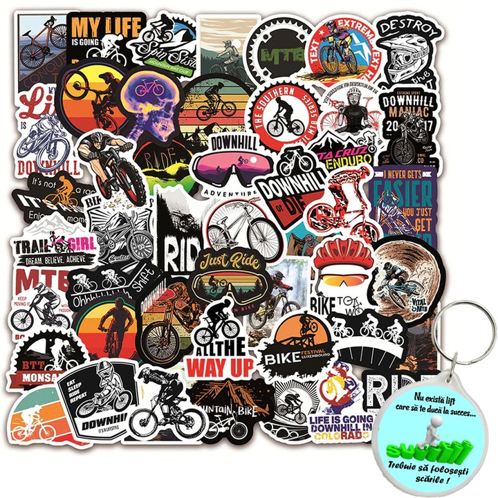 Set 50 Stickere din vinil, model Mountain Bike, Multicolor si breloc succes