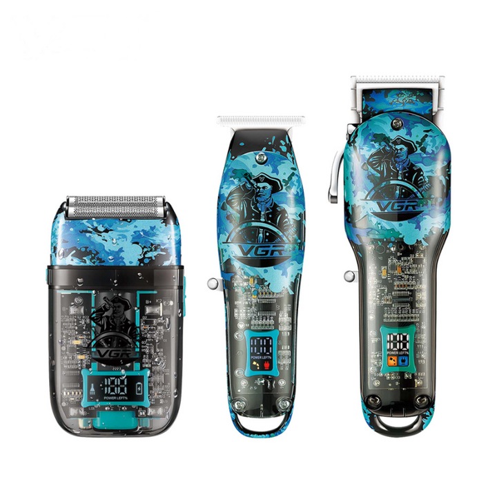 Пълен комплект за бръснене и подстригване - 3x Professional VGR V-645 - цифров дисплей, литиево-йонна батерия 300 min, регулируема скорост, USB акумулаторна батерия, титаниево фолио, двойни остриета, безжичен, уникален дизайн
