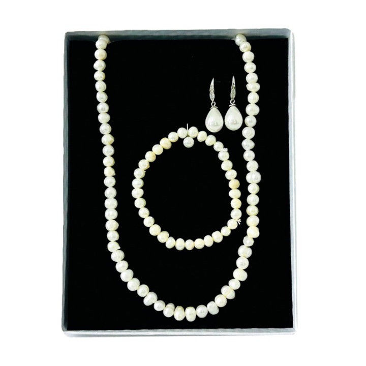 Set accesorii Precious Pearls, colier, cercei si bratara din perle de cultura, in cutie cadou, Alb, VELVE