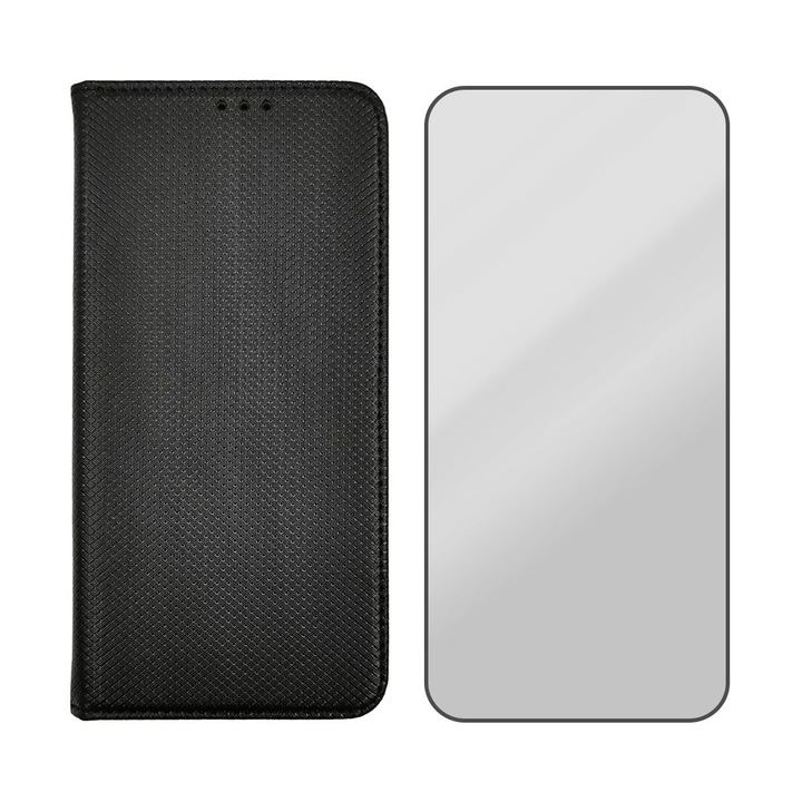 Кейс и фолио 5D Glass Flip Cover Комплект Xiaomi Redmi Note 12 5G / Poco X5, дизайн на текстура, защитено стъкло, черни ръбове, Optim Protect с магнитно затваряне, Smart Soft Close, тип книга, джоб за портфейл, черен