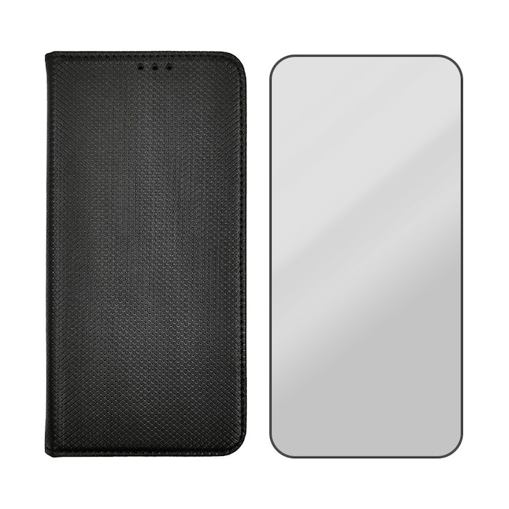 Xiaomi Poco F4 Gt 5D кожен калъф и стъклено фолио, дизайн на текстура, защитено стъкло, черни ръбове, Optim Protect с магнитно затваряне, Smart Soft Close, тип книга, джоб за портфейл, черен