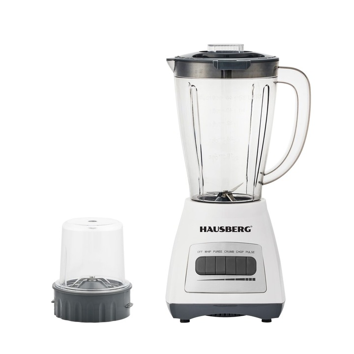 Блендер HAUSBERG HB-7770AB, 500 W, 4 степени на скорост, градуирана пластмасова купа 1,5 литра, функция Pulse, остриета от неръждаема стомана, система за безопасност, бял