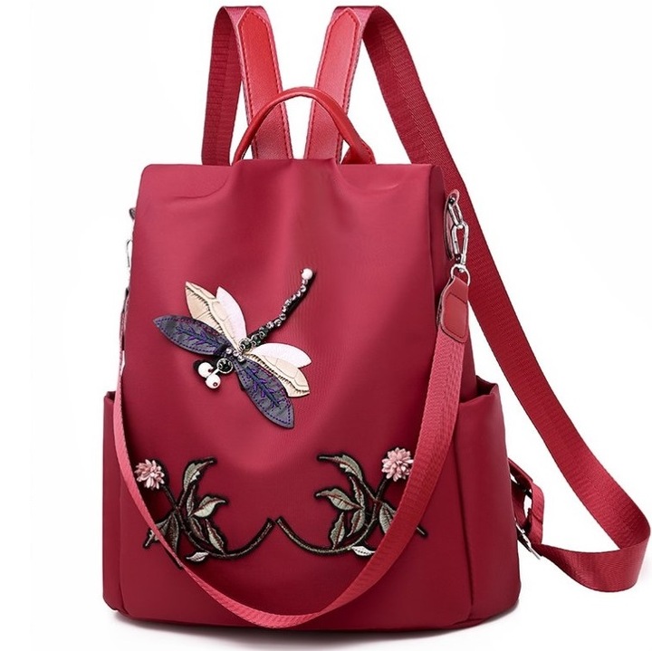 Rucsac dama, de tip geanta, Freeland B1076, Antifurt, Poliester, Visiniu