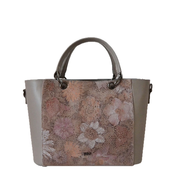 Geanta Dama, Zea, Office, Piele Naturala, Capucino, Decor Floral, Doua Manere Fixe, Lucrata Manual, 31x12x26