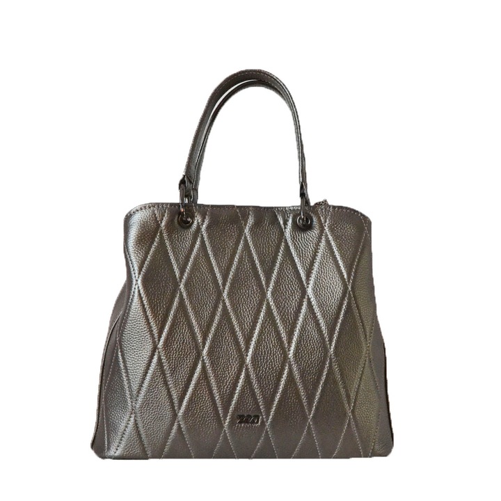 Geanta Dama, Zea, Casual, Piele Naturala Cusuta Matlasat, Lucrata Manual, 21qqsqqx12x28, Argintiu, 21x12x28