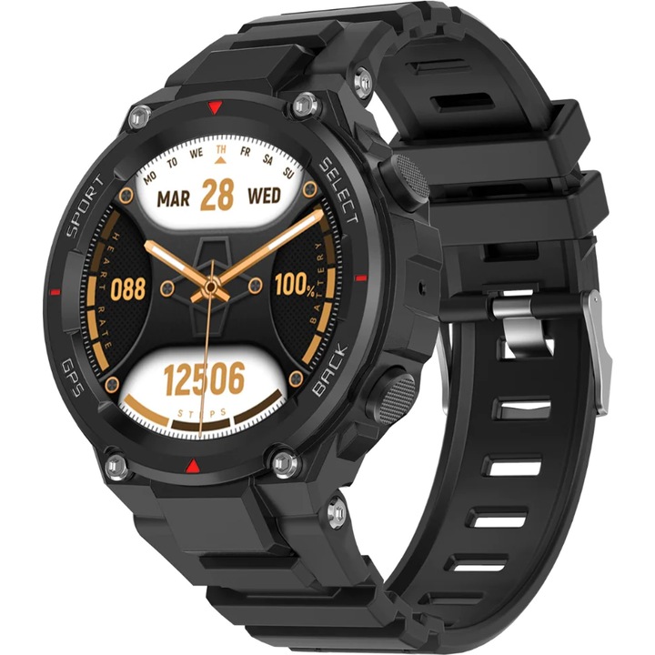 Военен смарт часовник DT™ WA5CH 1.45" AMOLED Always ON дисплей, Bluetooth повикване, GPS проследяване, компас, AI Voice Assistant, 150+ MultiSport, Health Monitor, 550mAh батерия, Anti-Impact, румънски език, силиконова каишка, черна Manila