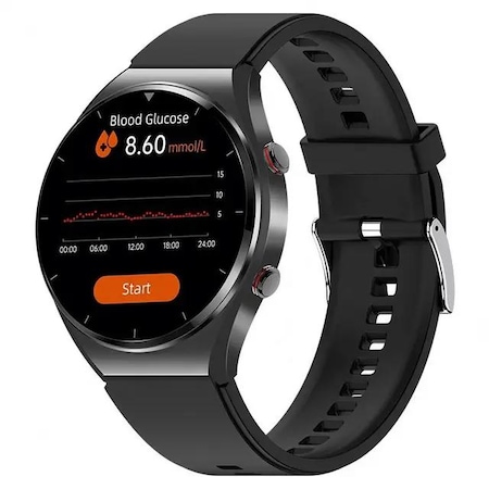 Ceas Smartwatch, Masurare glicemie, Tensiune arteriala, EKG, Nivel oxigen, Termometru, Monitorizare somn, Negru