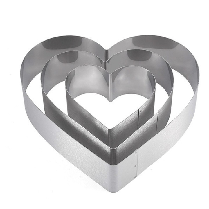 3 db Pufo Heart Cake fém karika készlet szív alakú, tortalapokhoz, tortákhoz, rozsdamentes acél, ezüst