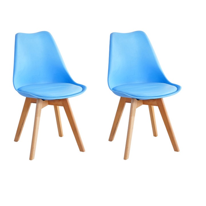 Set 2 scaune dining / bucatarie, vienod, lemn / PP, perna sezut, albastru