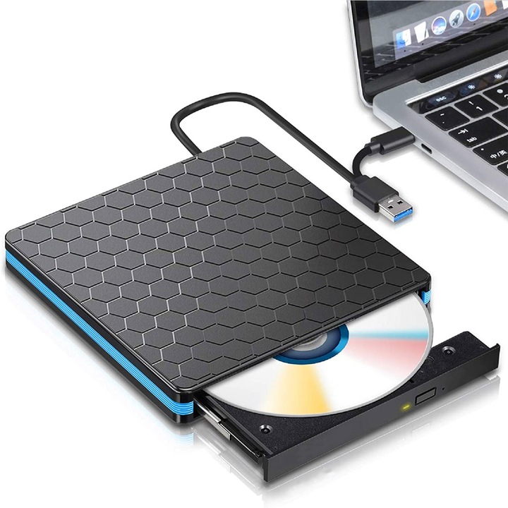 Преносимо външно DVD записващо устройство, NUODWELL, Plug and Play, USB 3.0/Type-c, CD, DVD +/-, RW, Съвместим лаптоп, PC, Настолен компютър, Windows 10/8/7, MAC OS, 14 x 14 x 1,7 cm, Черно/Синьо