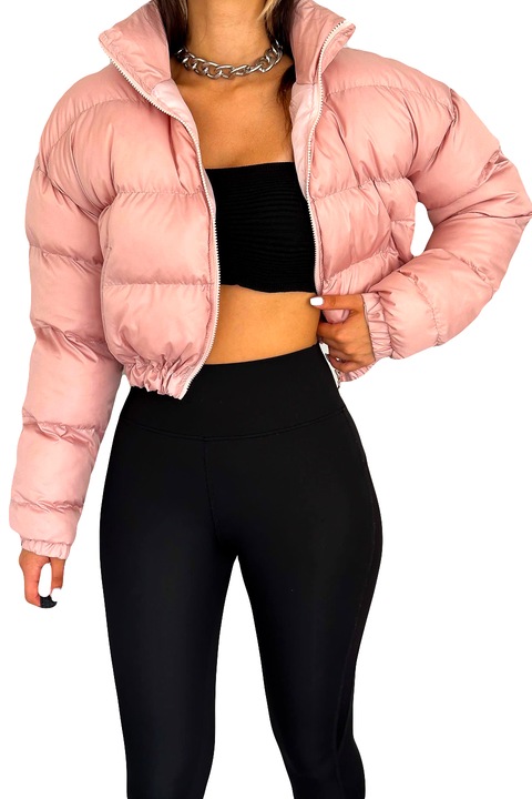 Дамско яке Puffer Barbie, кроп модел със странични джобове, Бледо розово