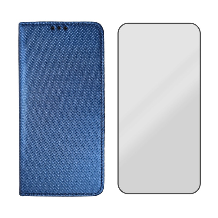 Комплект 5D Glass, флип калъф, съвместими с Xiaomi Redmi Note 10 5G / Poco M3 Pro / M3 Pro 5G, текстурен дизайн, черни ръбове, защитено стъкло, оптимална защита с магнитно затваряне, интелигентно плавно затваряне, тип книга, джоб за портфейл, син