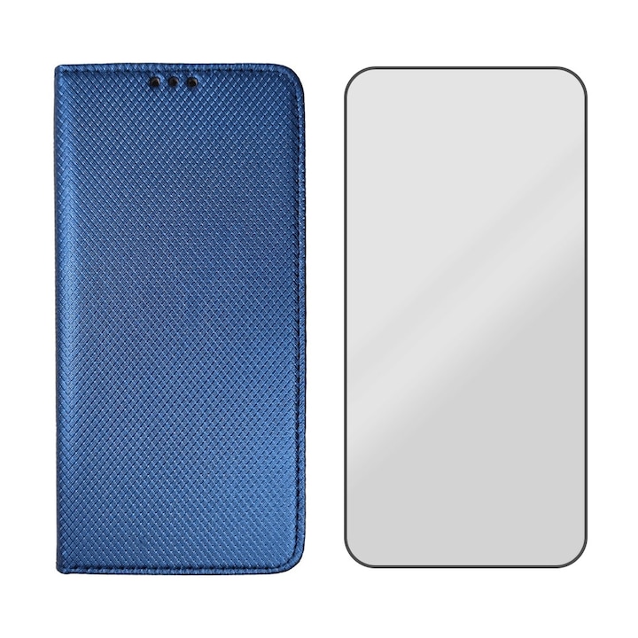 5D Glass Flip Case Set Kompatibilis Apple Iphone 5 / 5S / SE telefonnal, Texture Design, Fekete élek, Secure Glass, Optim Protect mágneses zárással, Smart Soft Close, Könyvtípus, Pénztárca zseb, Kék