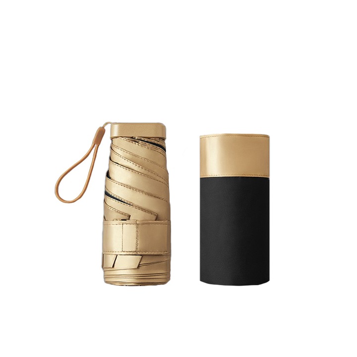 Сгъваем и преносим мини чадър с включено покривало, сгънат размер 14,5 x 4 cm, разтегнат 90 x 48,5 cm, 220 g, цвят отвън златен и отвътре черен