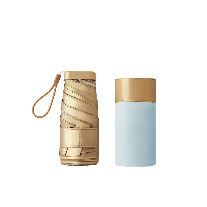 Сгъваем и преносим мини чадър с включен калъф, сгънат размер 14,5 x 4 cm, разтегнат 90 x 48,5 cm, 220 g, цвят отвън златен и отвътре син