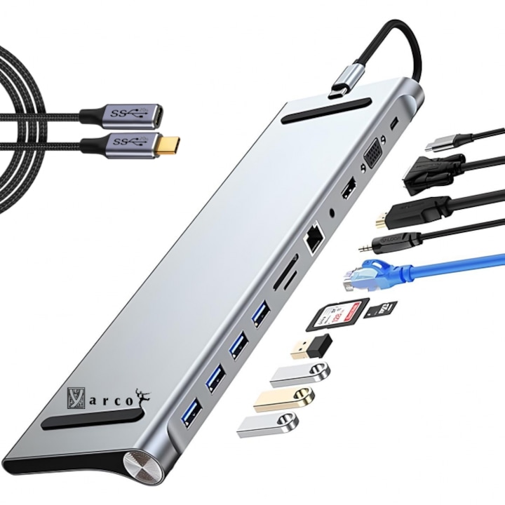 Adaptor YARCO® Dock 11 in 1, Suport laptop, 87W, 3xUSB 2.0, 1xUSB 3.0, SD/TF Card, 3.5mm Audio, Ethernet RJ45, HDMI 4K video,1080P VGA, 1 PD charging port, Compatibil Macbook, Chromebook, PC, Tableta, Gri + Extender 20G 1m