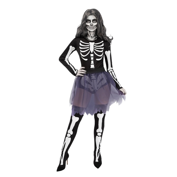 Costum pentru Halloween design Schelet, negru - alb, Fosforescent in intuneric, marime M, poliester, contine fusta, colanti, bluza