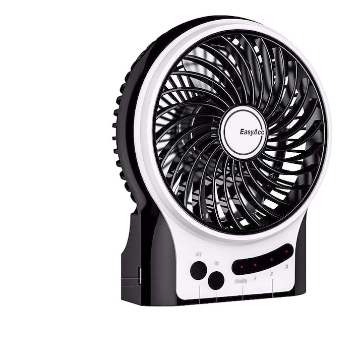 Mini ventilator de birou, Opolar, 3 viteze, 2600 mAh, Lumina LED, Incarcare USB, Plastic, Negru/Alb