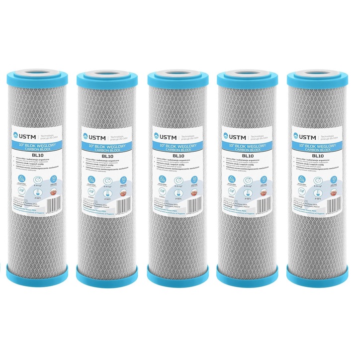 Set 5 filtre de apa chiuveta, USTM, Insertie de carbon, 6 luni durata de viata, 5l/min, Alb