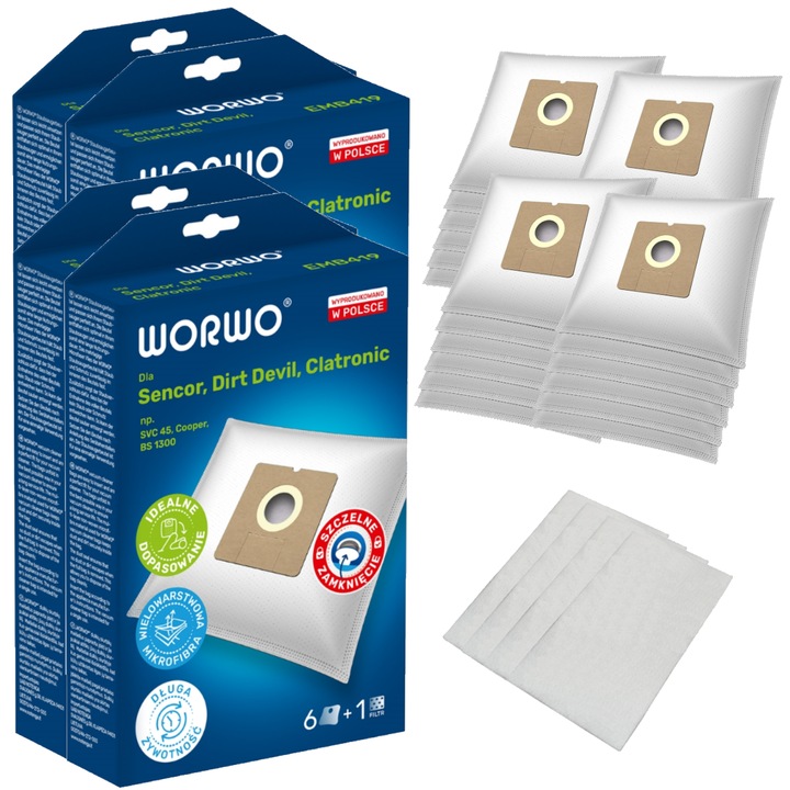 Set saci de aspirator, Worwo, Microtextil, Universal, 4 filtre, 22.5x26 cm, Alb, 24 buc.