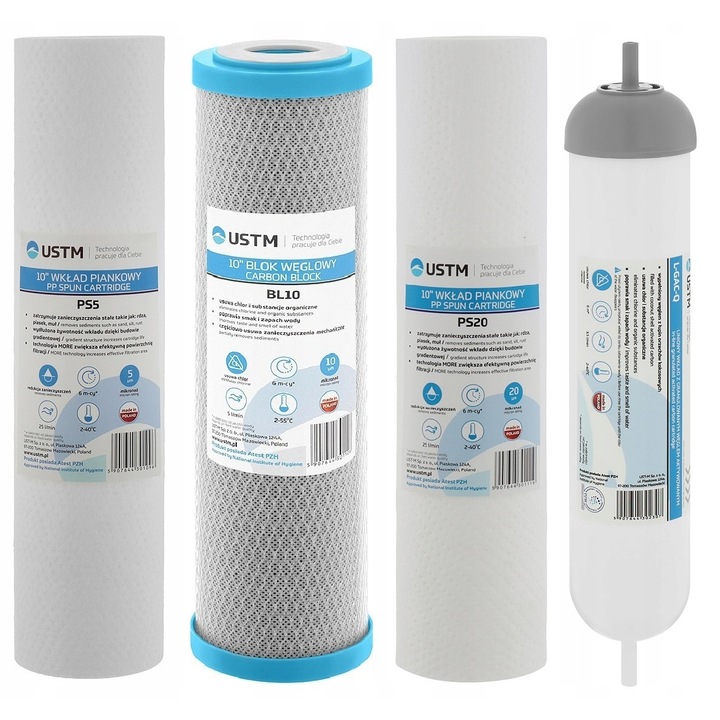 Set 4 cartuse pentru osmoza inversa Lgacq, Ustm, Spuma/Carbon, 1/4, 10", 35 l/min, Alb