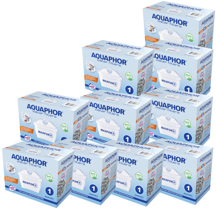 Комплект от 10 броя филтърни патрони AQUAPHOR Maxfor+, активен въглен и влакна Aqualen, бял