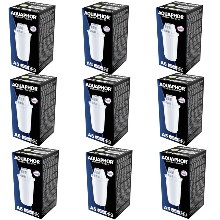 Комплект от 9 филтъра за вода, AQUAPHOR, филтърна вложка A5, 350L, бял