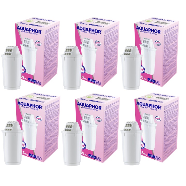 Комплект от 6 филтъра, AQUAPHOR, филтърна вложка A5 Mg, 350л/3 месеца, бял