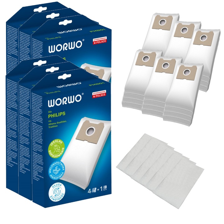 Комплект от 24 торби за прахосмукачка, Worwo, за PHILIPS Triathlon HR, 6 x филтъра, микрофибър, бял