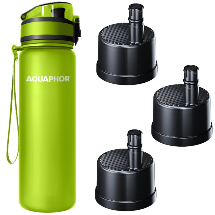 Комплект бутилка с 3 филтъра, АКВАФОР, 23.5 см, зелена, 0.5 л