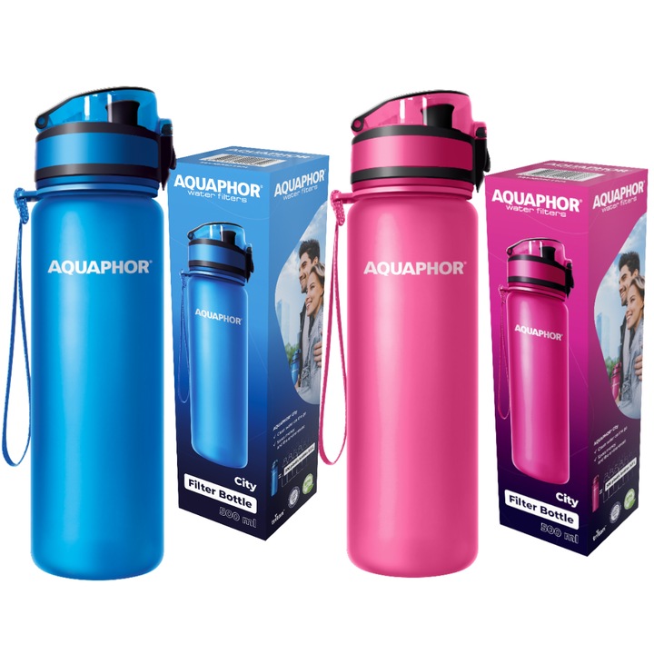 Set 2 cani filtrante, Aquaphor, Cu carbune activ, 0.5L, Roz/Albastru