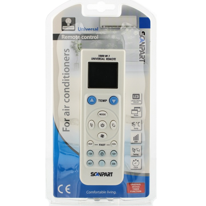 Универсално дистанционно, Scanpart, За климатик, Захранване 2 батерии ААА, 8м, Бяло