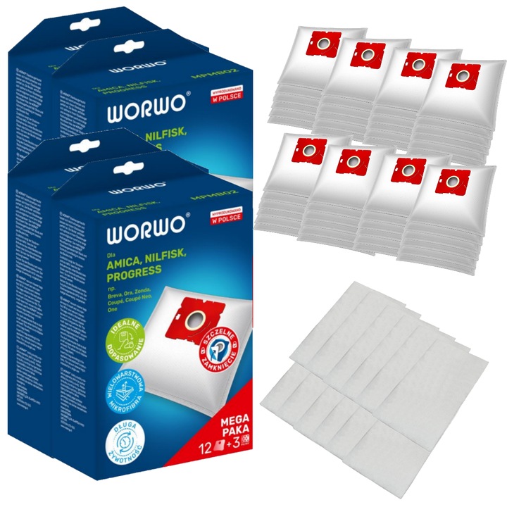 Set 48 saci aspirator, Worwo, Gorenje/Beko/Zelmer/Hyundai/Aeg, Alb/Albastru