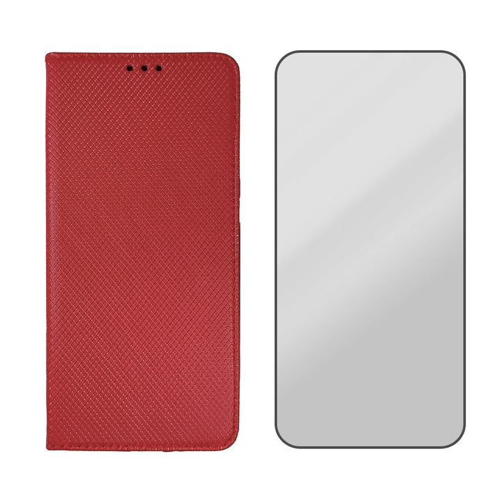 Комплект кожен калъф и фолио Flip Cover 5D Glass, съвместими с Honor Magic 4 Lite 5G, дизайн на текстура, черни ръбове, защитено стъкло, Optim Protect с магнитно затваряне, Smart Soft Close, тип книга, джоб за портфейл, червен