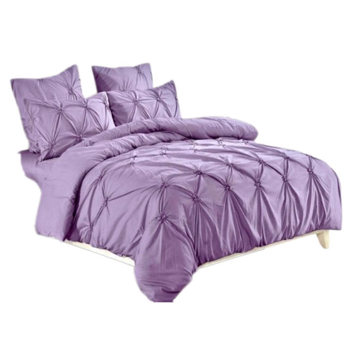 Lenjerie de pat dublu, Uni, Model Pliuri Brodate, 6 piese, Finet, 230x250cm, Lila