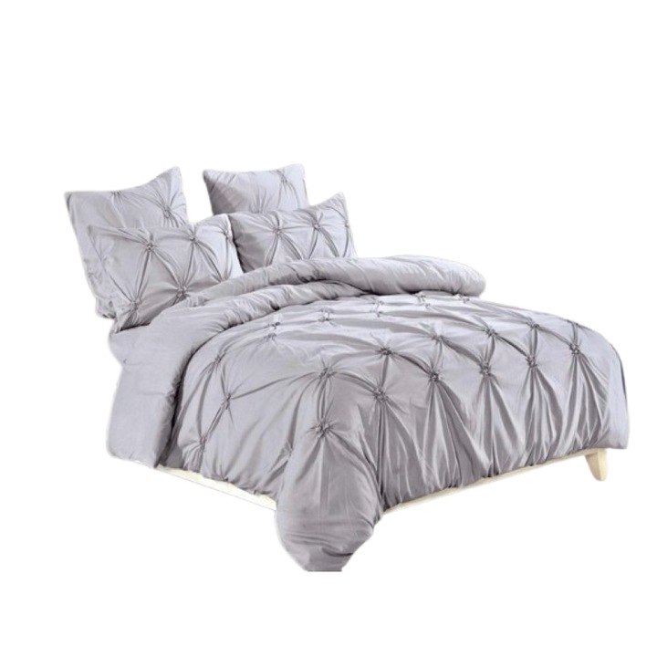 Двойно спално бельо, гладко, бродирано плисе, 6 части, фино, 230x250 см, сиво