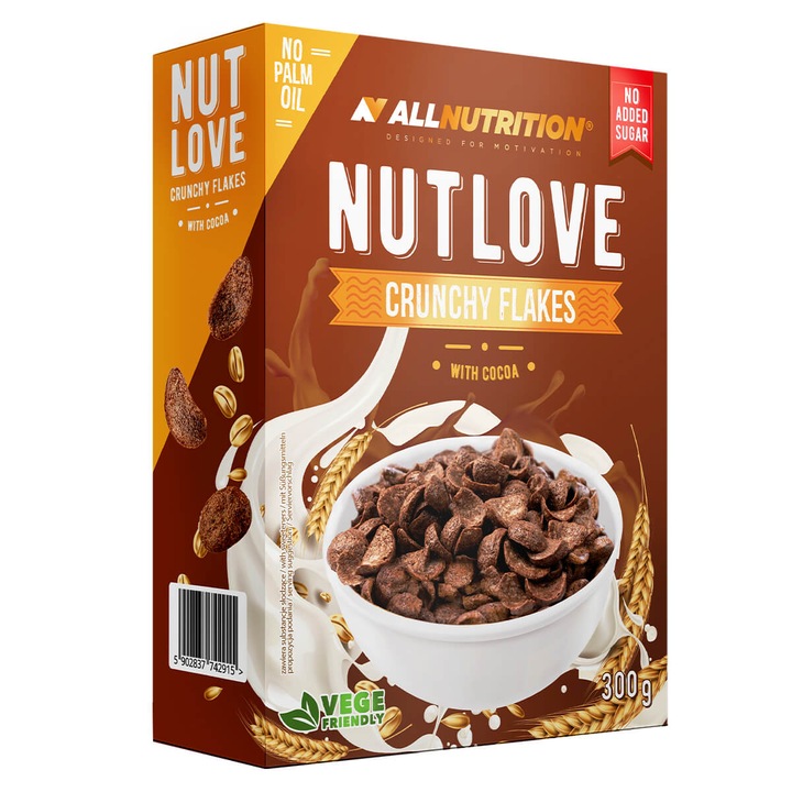 Fulgi de mic dejun, ALLNUTRITION Nutlove Crunchy Flakes, 300 g, Ciocolata, fara zahar, fara ulei de palmier, continut ridicat de fibre