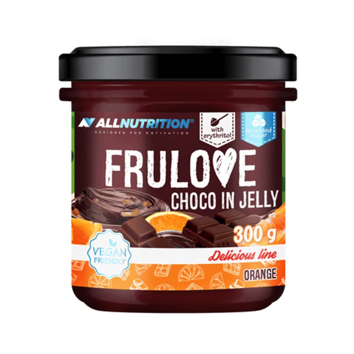 Gem de ciocolata si portocale, ALLNUTRITION FRULOVE CHOCO IN JELLY, ciocolata-portocale, 300g, fara zahar, vegan, portocale in gel de ciocolata