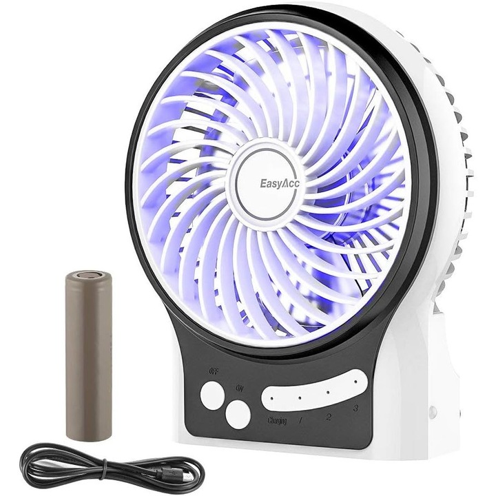 Mini ventilator de birou, Sunmostar, 3 viteze, Incarcare USB, Iluminare LED, Plastic, 120x150 mm, Negru/Alb
